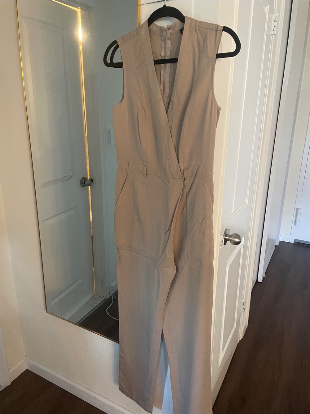 BCBGMaxAzria Sleeveless V-Neck Jumpsuit in Taupe